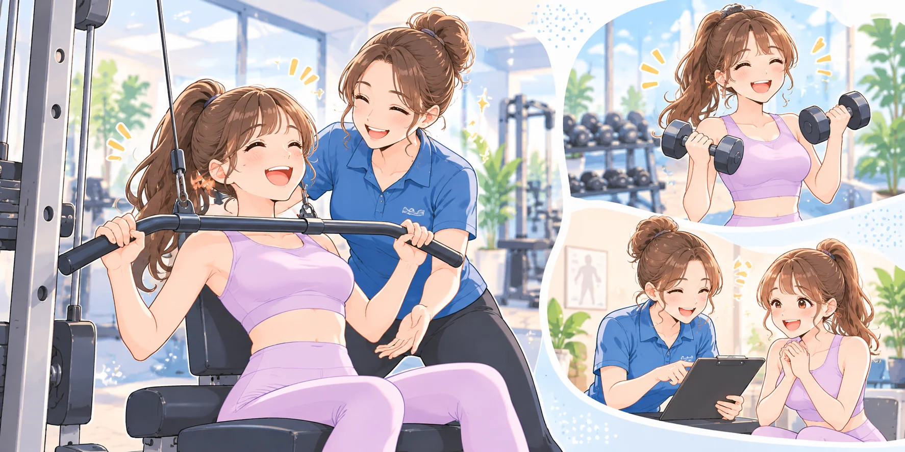 優しいトレーナーとマシンの使い方を学び、トレーニングを楽しむ初心者の女の子のイラスト