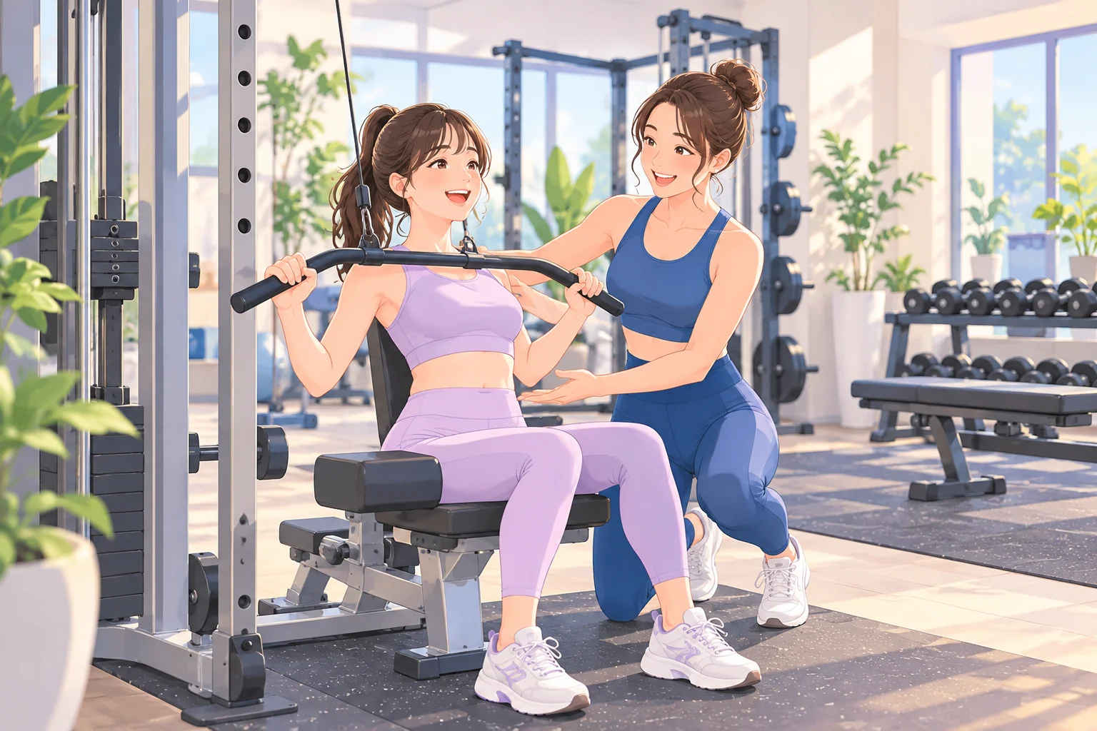 トレーナーが初心者にマシンの使い方をやさしく教えるイラスト
